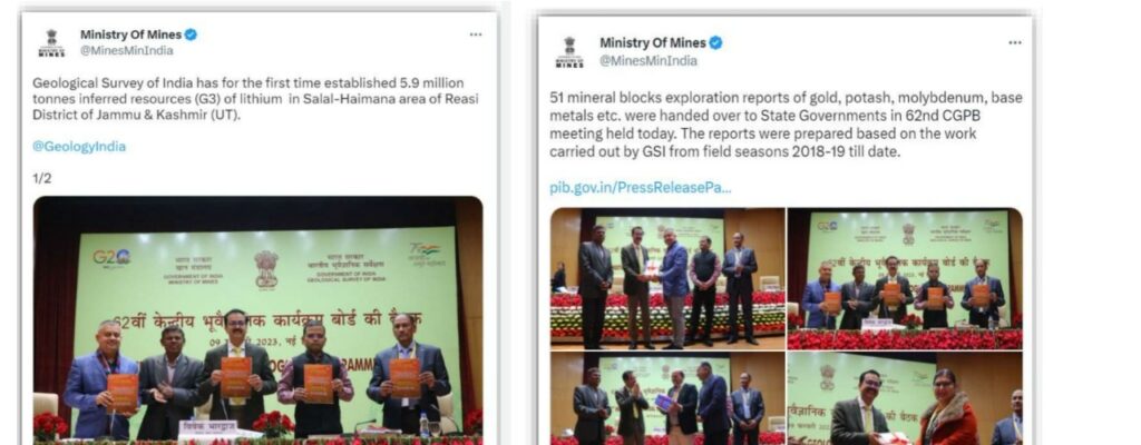 Geological Survey of India has for the first time established 5.9 million tonnes inferred resources (G3) of lithium in Salal-Haimana area of Reasi District of Jammu & Kashmir (UT).