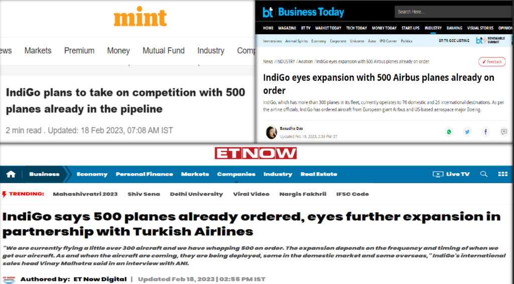 News headlines reporting IndiGo airline planning expansion with 500 Airbus aircraft already in the order pipeline