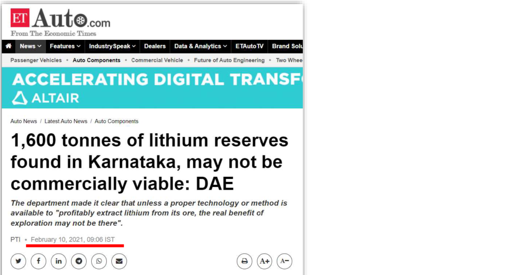 1,600 tonnes of lithium reserves found in Karnataka, may not be commercially viable: DAE