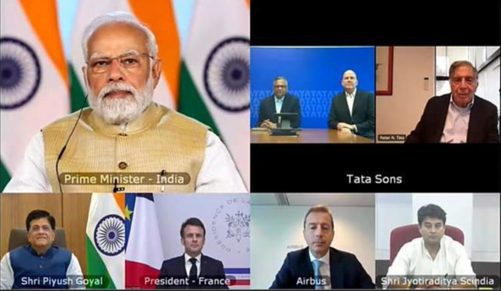 Virtual meeting showing Prime Minister Narendra Modi, Tata Sons chairman, Airbus executives and Indian ministers discussing the Air India 470 aircraft Airbus Boeing deal