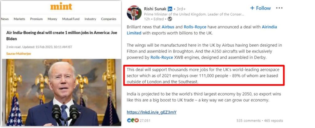 US President Joe Biden and UK Prime Minister Rishi Sunak statements on the historic Air India aircraft deal with Airbus, Boeing and Rolls-Royce