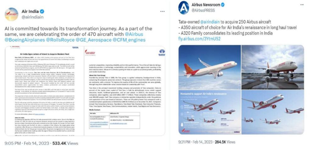 Air India and Airbus announcement of the historic aircraft order including 250 Airbus A350 and A320 family aircraft