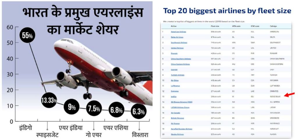 Chart showing Indian airlines market share including IndiGo, Air India, SpiceJet, GoAir, AirAsia and Vistara with global airlines fleet size ranking